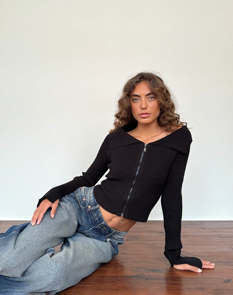 Motel Rocks Radia Long Sleeve Off-shoulder Zip Through Naisten Puserot Mustat | SMF962QH